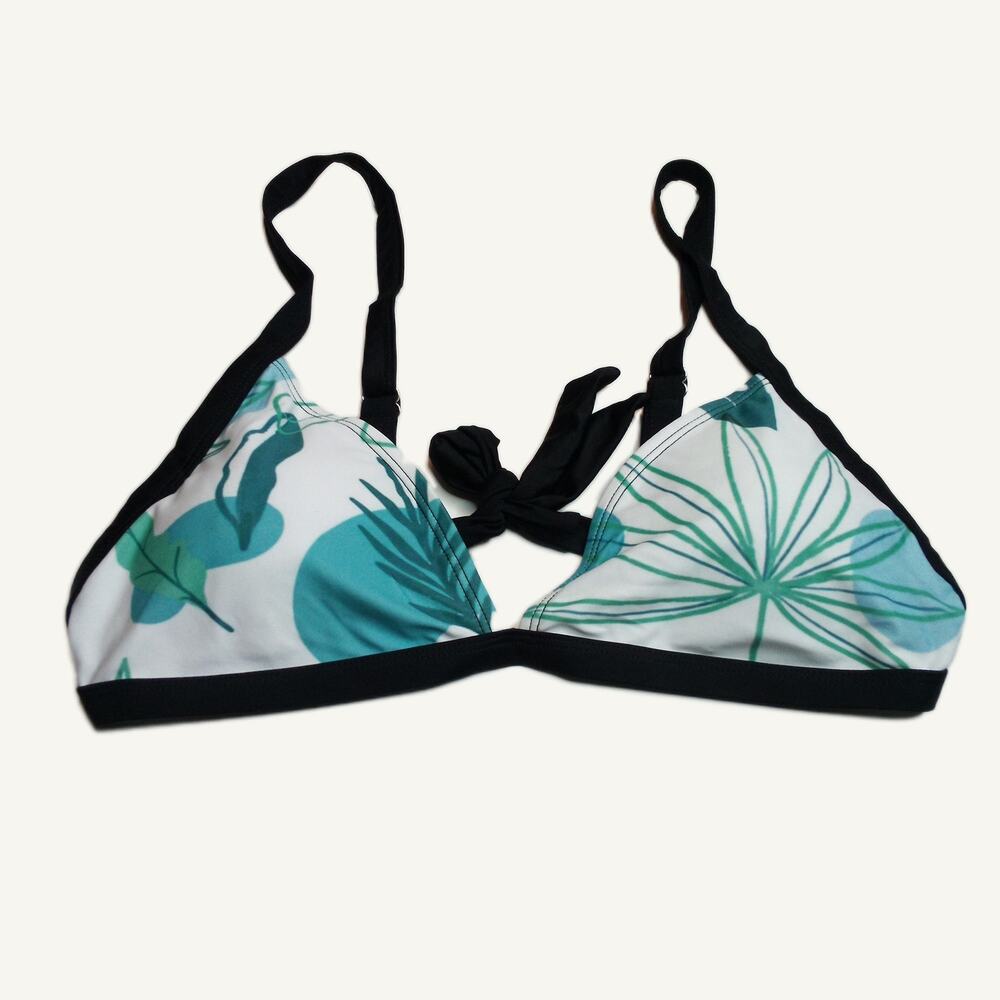 Blue Tropical Print Tie-Front Bikini Top Swimwear Women's Size L Adjustable